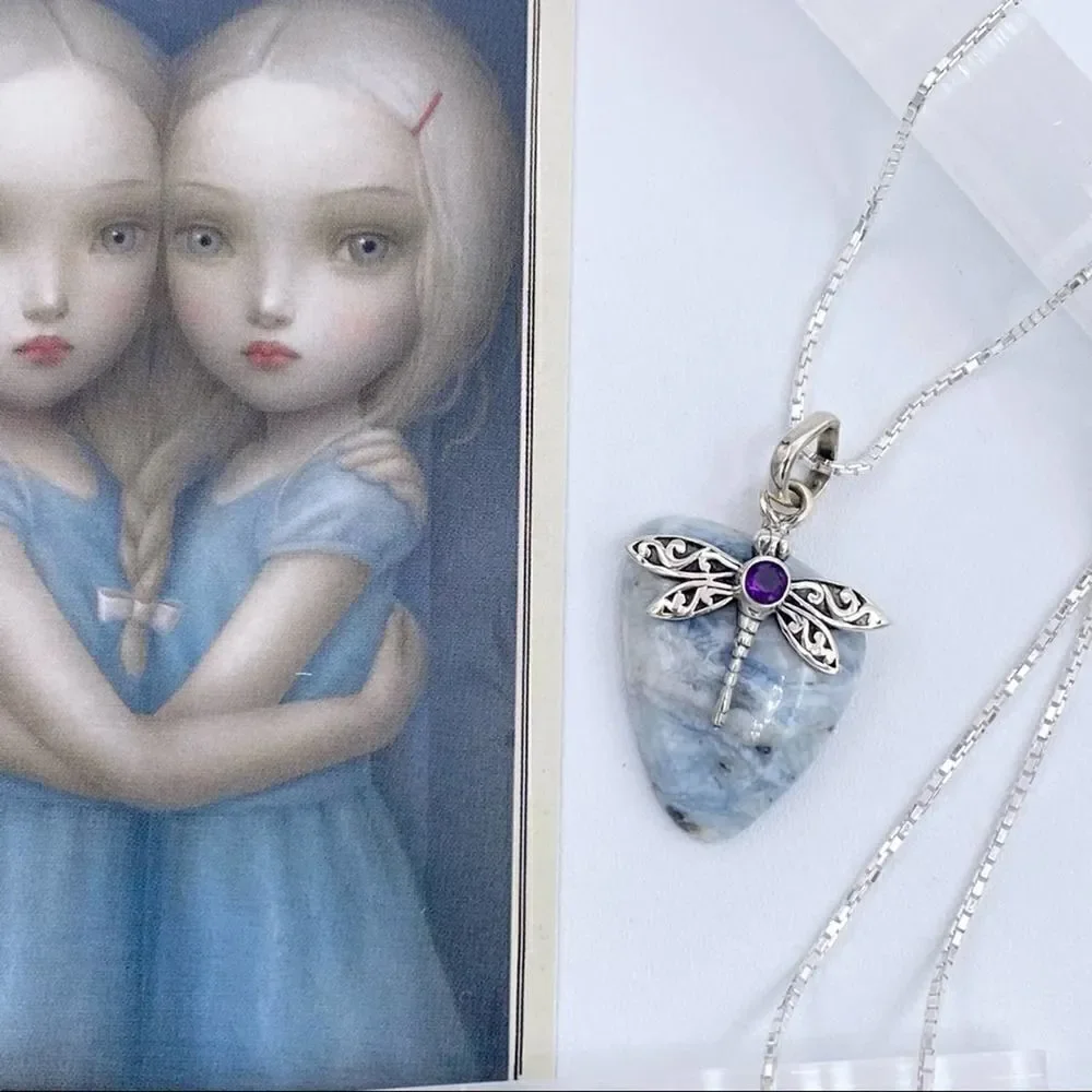 Dragonfly Blue Scheelite & Amethyst Solid Sterling Silver Necklace
